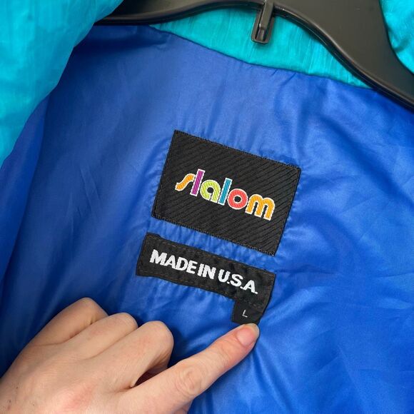 VTG Slalom Colorblock Ski Jacket USA Blue Purple Pink Nylon Zip L Unisex - Picture 2 of 10